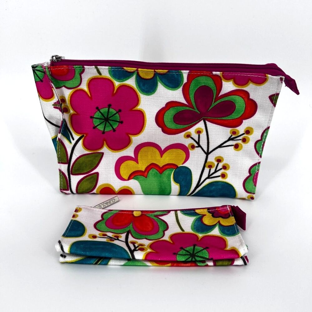 Clinique White Floral Print Cosmetic Toiletry Jewelry Travel Bag Set NWOT